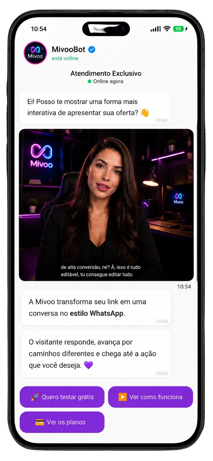 Exemplo de conversa interativa criada na Mivoo